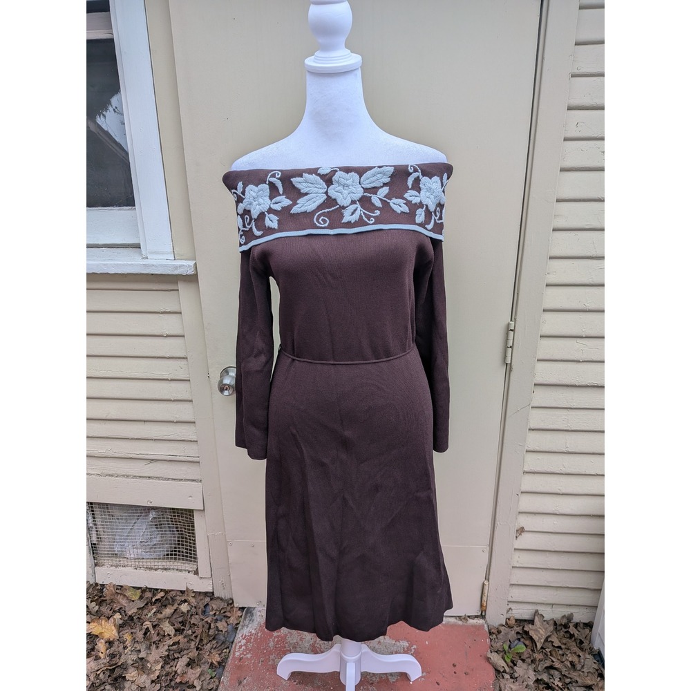 BCBG MAX AZRIA Brown Knit Off The Shoulder Embroidered Long Sleeve Dress M